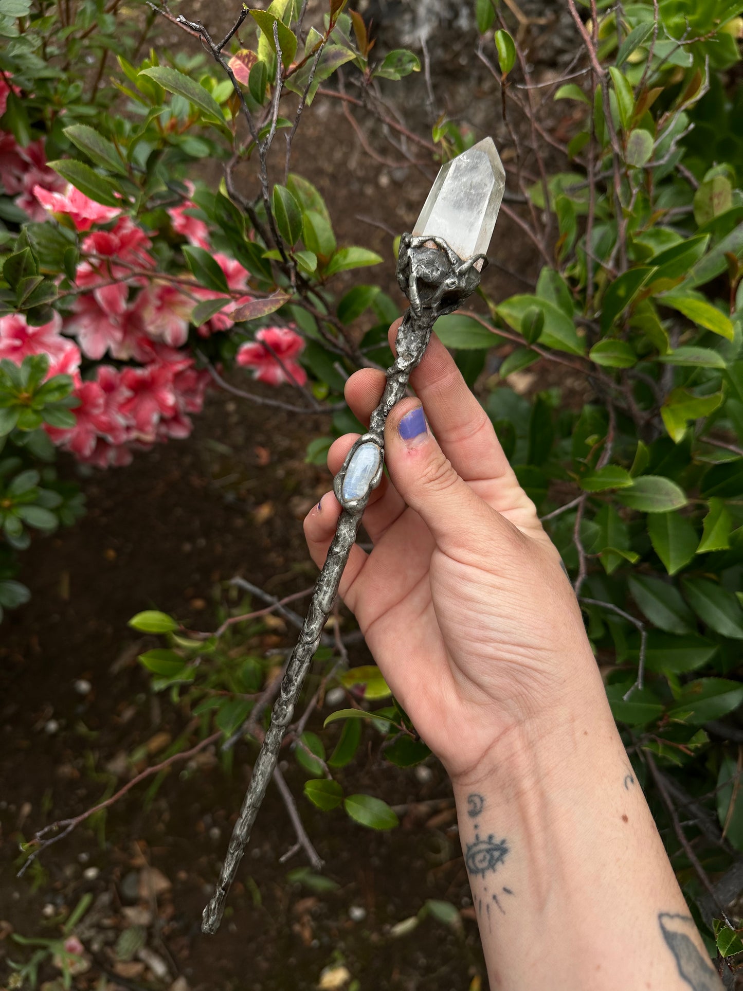 rainbow moonstone and quartz wand
