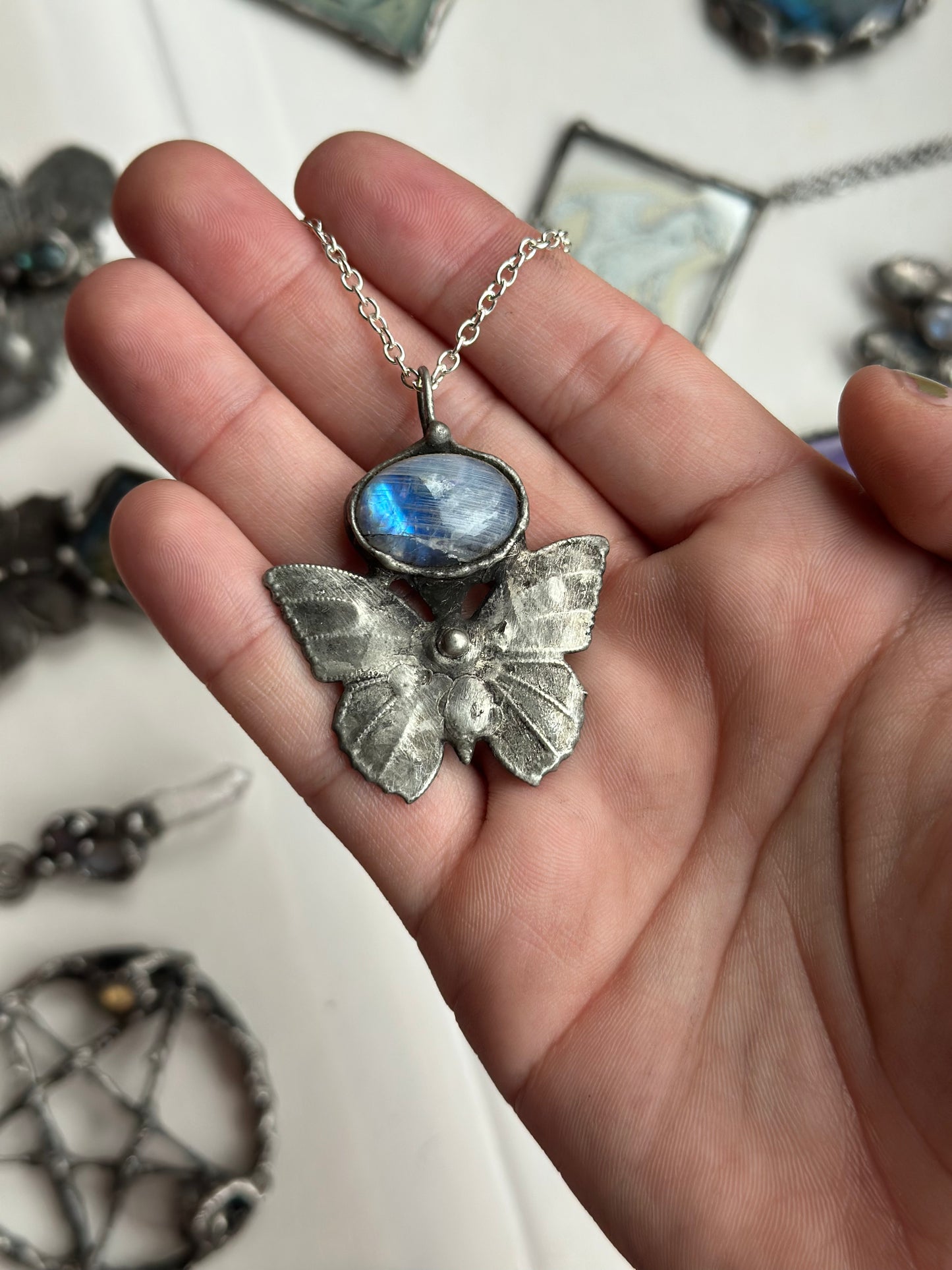 Rainbow Moonstone Moth Necklace