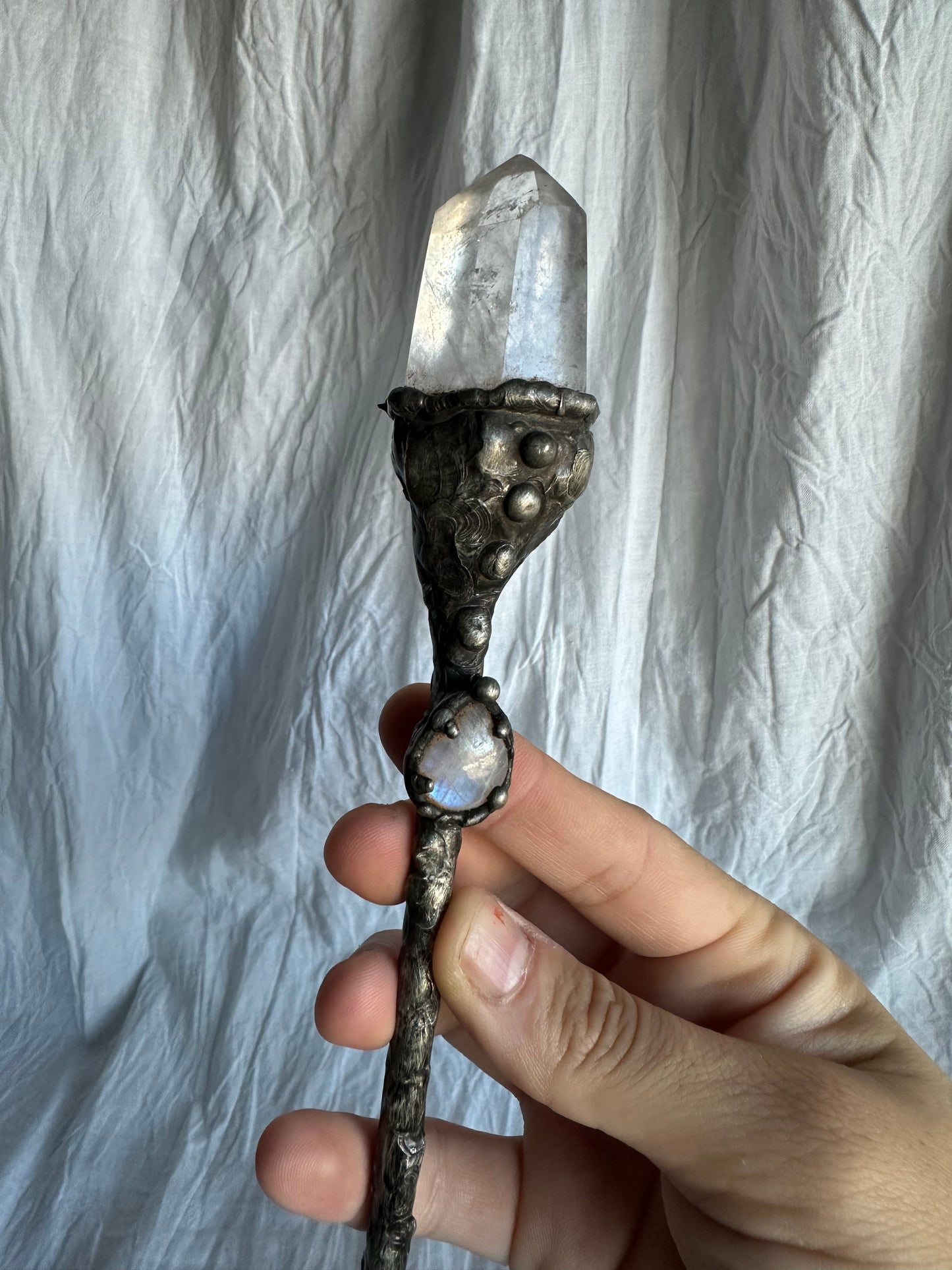 Rainbow Moonstone and Quartz magic wand