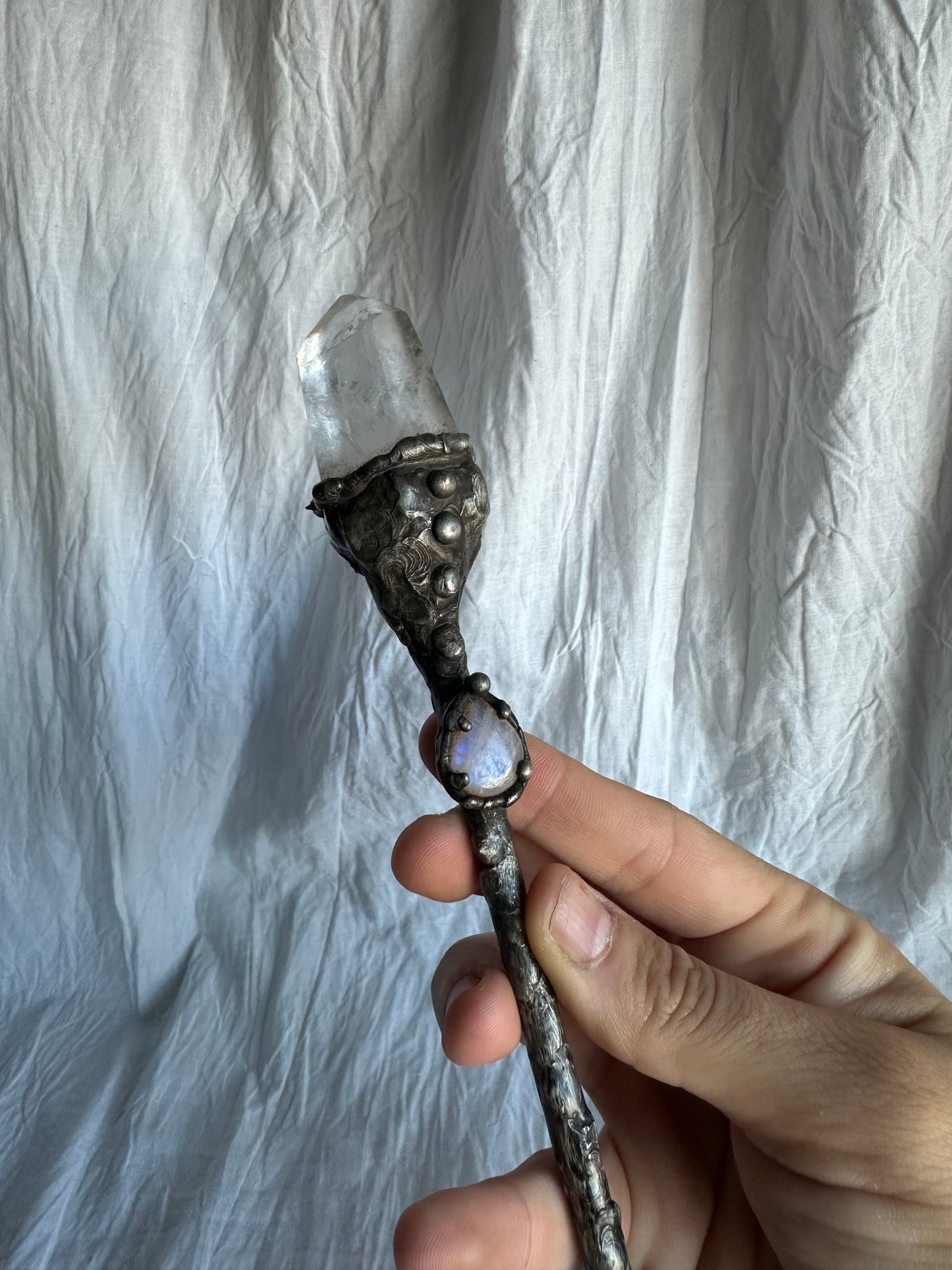 Rainbow Moonstone and Quartz magic wand