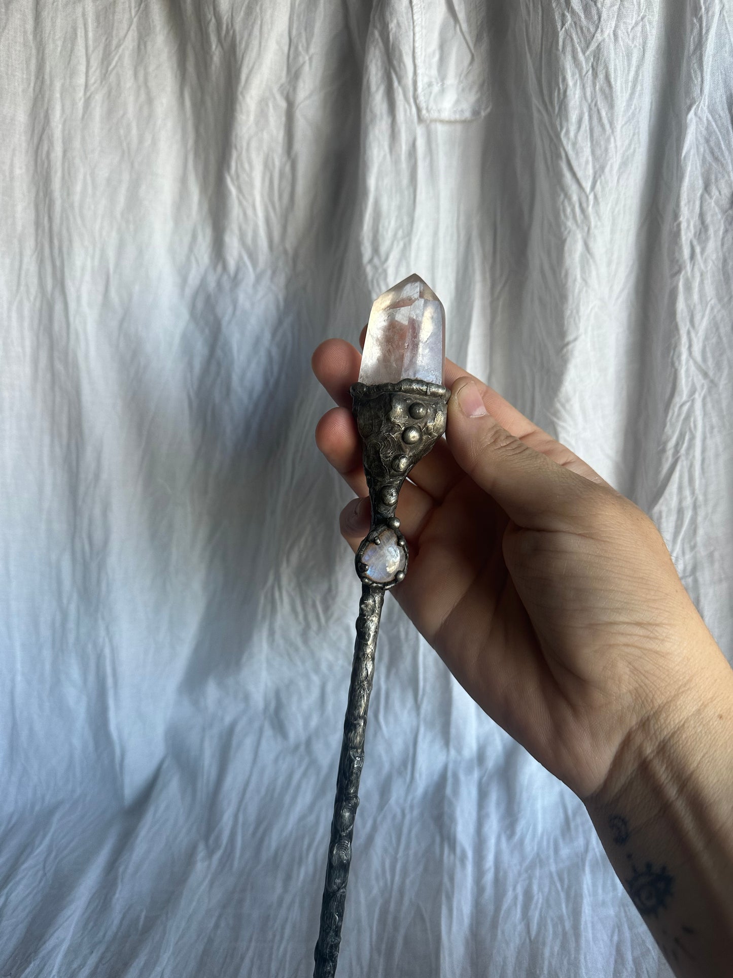 Rainbow Moonstone and Quartz magic wand