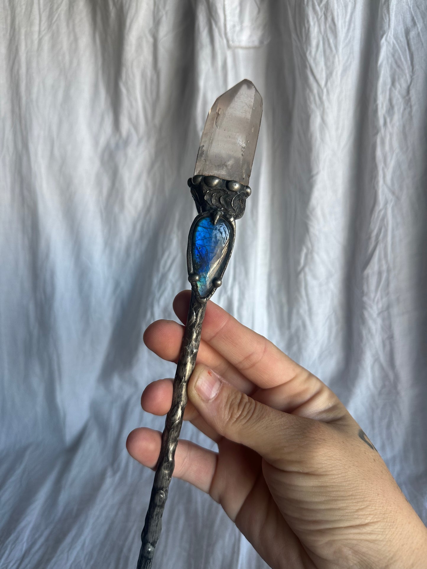 Labradorite and Quartz Wand