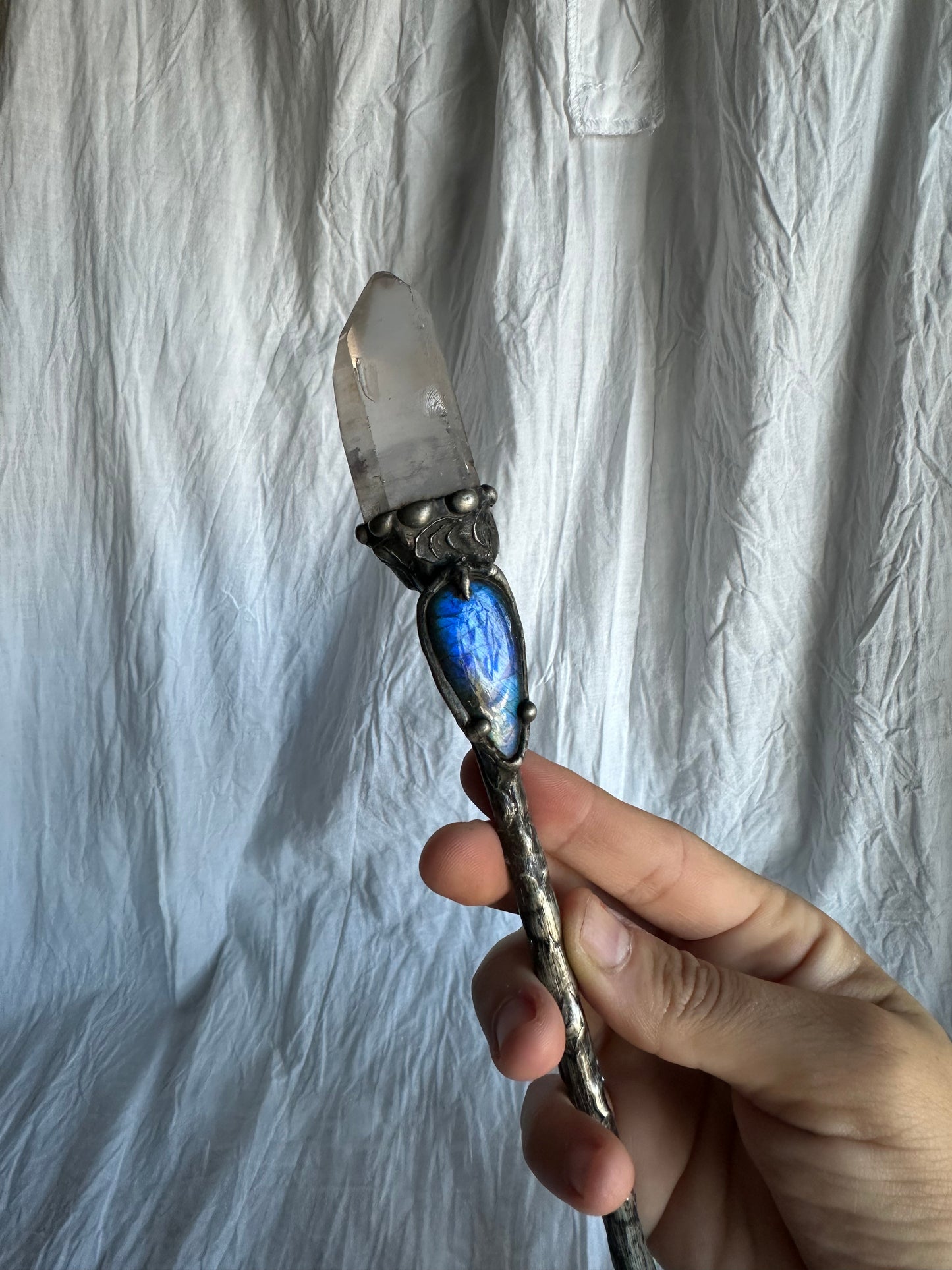 Labradorite and Quartz Wand