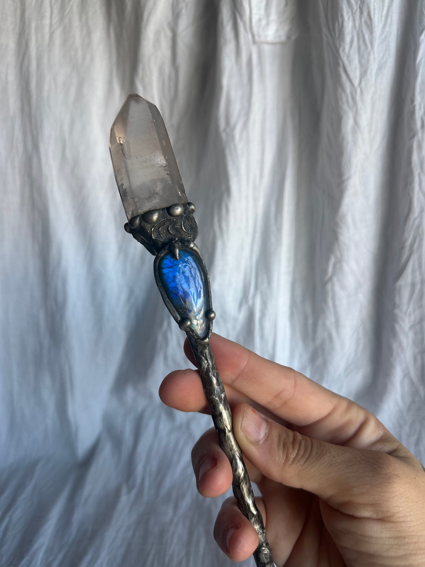 Labradorite and Quartz Wand