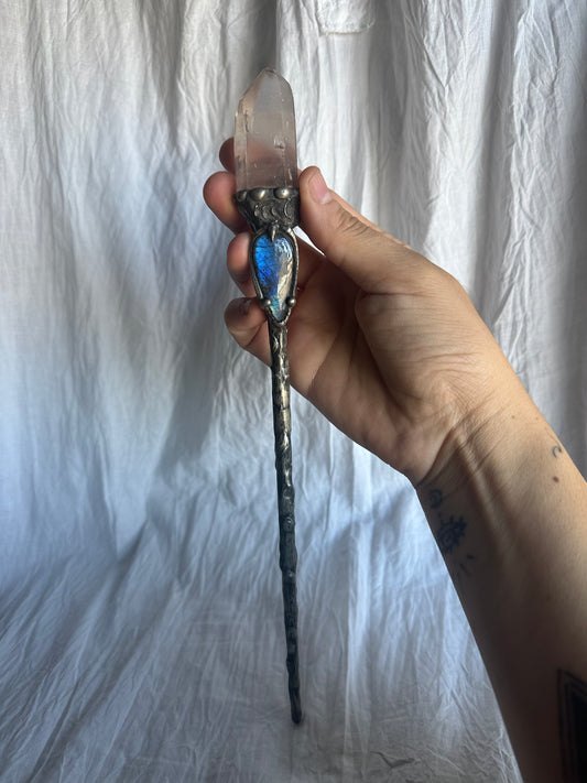 Labradorite and Quartz Wand